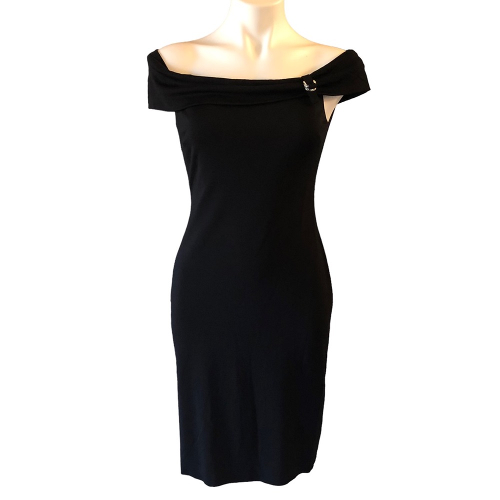 David Meister Black Sleeveless Off Shoulder Stretch After 5 Sheath Dress